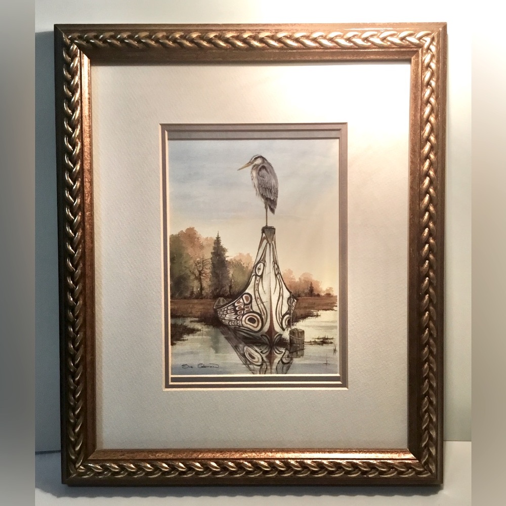 Vintage Framed Sue Coleman “Blue Heron Chief Qwaq!” Art Print